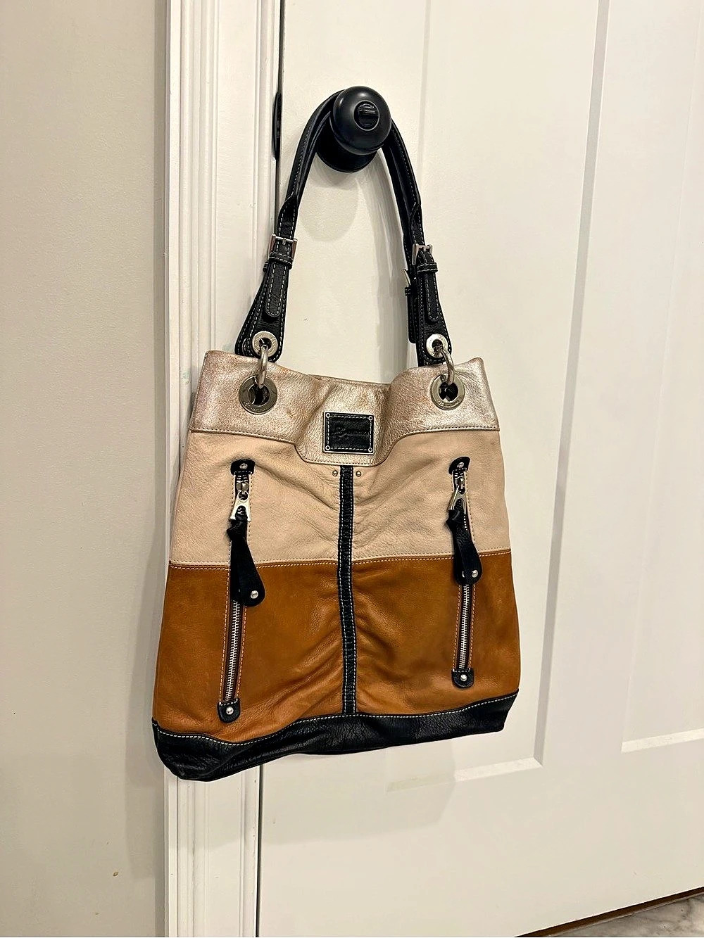 B Makowsky Buttery Soft Color-Block Leather-Look Shoulder Bag in Brown & Black